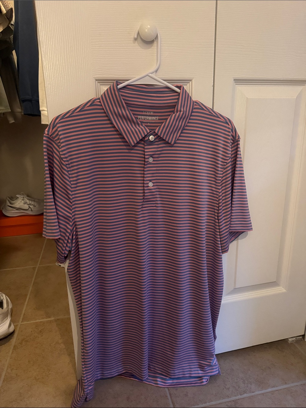 J-Crew Performance Men’s Striped Pink and Blue Polo Shirt